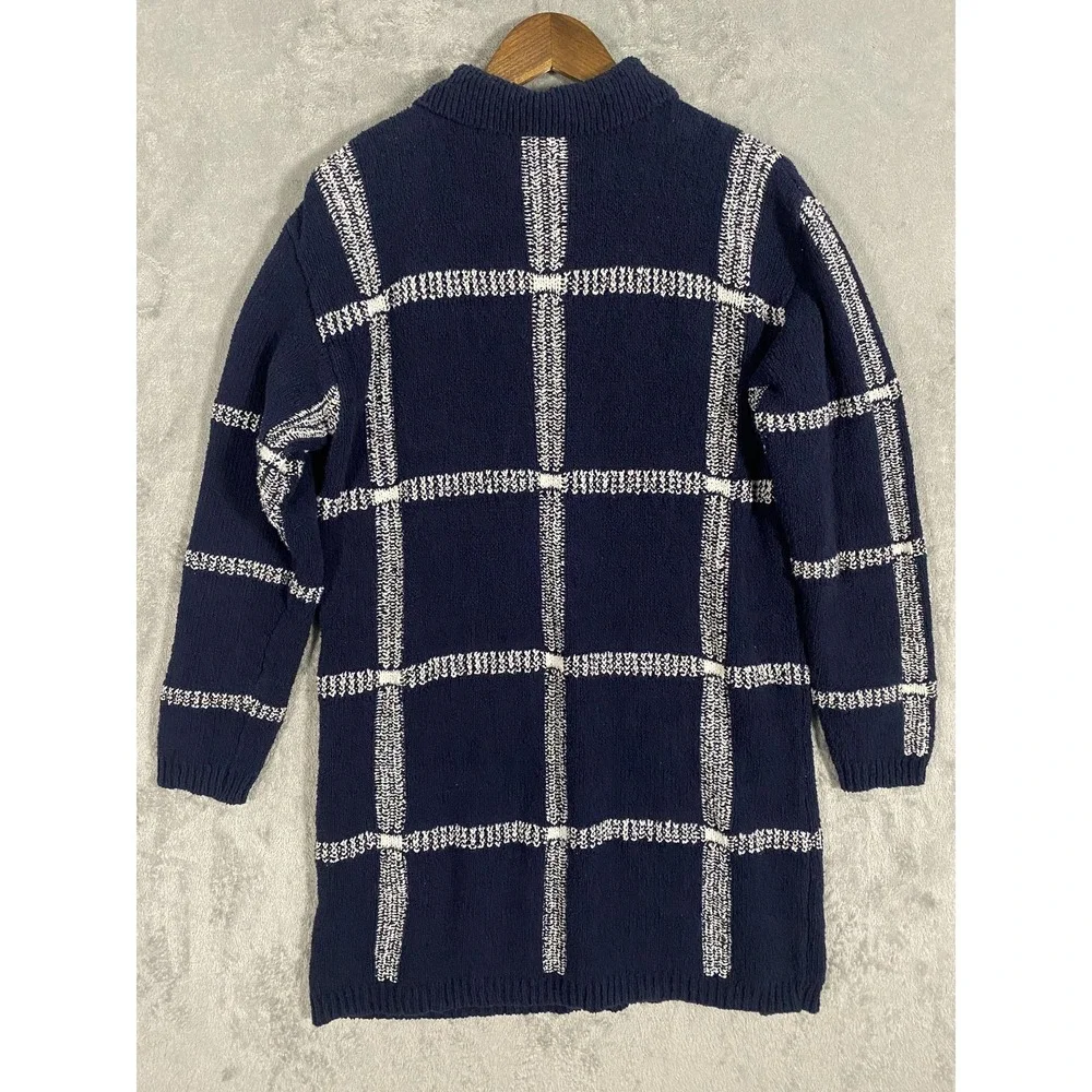 Vintage Liz & Co Sweater Womens Medium Navy Windowpane Tunic Classic Preppy‎